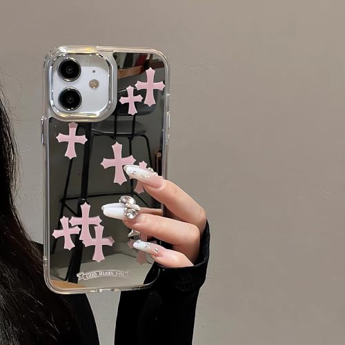 xoniery Compatible with iPhone 12 Cute Glossy Mirror Back Case,Cross Pattern,Senior Shockproof Protection for iPhone 12 Case for Women Girls-Pink