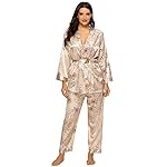 Escalier Conjunto de pijama de satén de seda para mujer, 3 piezas, conjunto de pijama floral sedoso, ropa de dormir con bata y pantalones