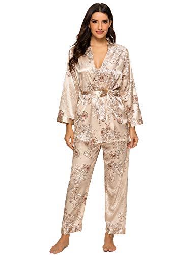 Escalier Women's Silk Satin Pajamas Set 3 Pcs Floral Silky Pj Sets Sleepwear Cami Nightwear with Robe and Pants Camel L