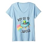 Mujer Colorida nave espacial alienígena con rayo arco iris Camiseta Cuello V