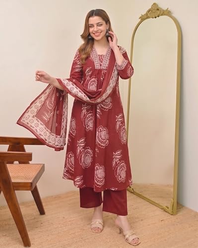 Image of Klosia Women Printed A-Line Kurta and Pant Set with Dupatta | Printed Kurta Set | A-Line Kurta Set | Women Kurta Sets | Summer Suit |