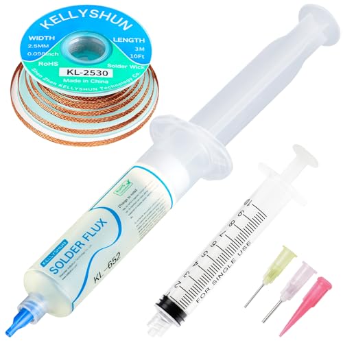 KELLYSHUN KL-652 Transparentes Flussmittel Löten, 30CC No-Clean Lötflussmittel (1 Stück) + 2.5mm/3mm Entlötlitze (1 Stück), Geeignet für Präzisions-Elektronikreparaturen