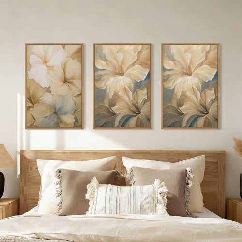 Image of KAIRNE Neutral Beige Flower Framed Canvas Wall Art Set, Modern Magnolia Floral Wall Decor,Aesthetic Warm Wildflower Art Prints,Boho Botanical Artwork for Living Room,Bedroom,Farmhouse,Office-24 inchx36 inchx3