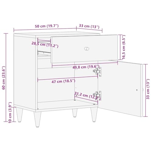 Table de chevet en bois massif sculpté main et pieds fer