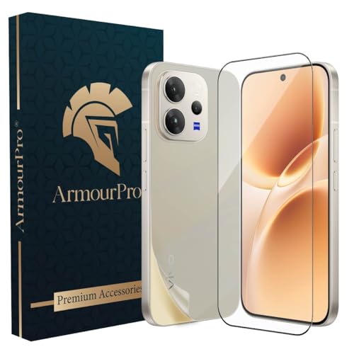 Image of ArmourPro Tempered Glass for Vivo V70 with Back Clear Membrane Guard, Edge to Edge Screen Protector, Anti-Bubble, Anti-Fingerprint, Oil Resistant, Installation Kit | Black