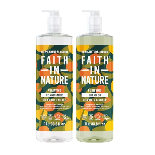 Faith In Nature 2 x 1L Natural Grapefruit & Orange Shampoo and Conditioner Set, Invigorating, Vegan & Cruelty Free, No SLS or Parabens, For Normal to Oily Hair