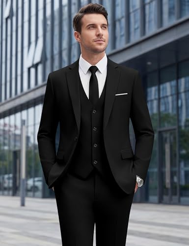 Image of WULFUL Men's Slim Fit Suit One Button 3-Piece Blazer Dress Business Wedding Party Jacket Vest & Pant