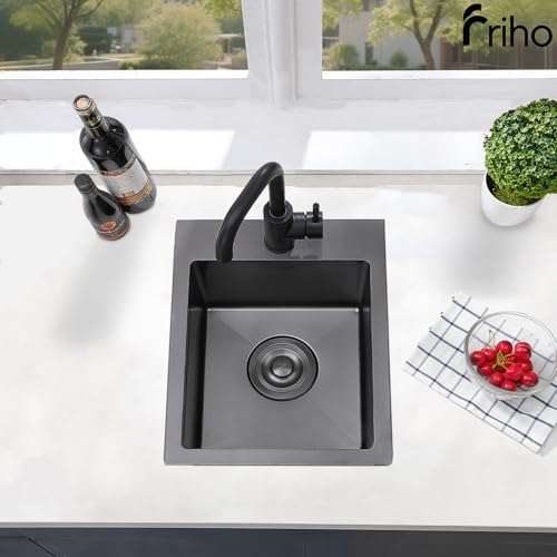 Friho 15x15 Inch Drop In Black Bar Sink, 16 Guage Stainless Steel Topmount Outdoor RV Small Kitchen Sink, 15 Inch Wet Prep Single Bowl Utility Bar Sink With Dish Grid & Drain by Friho - Used condition - Image 7