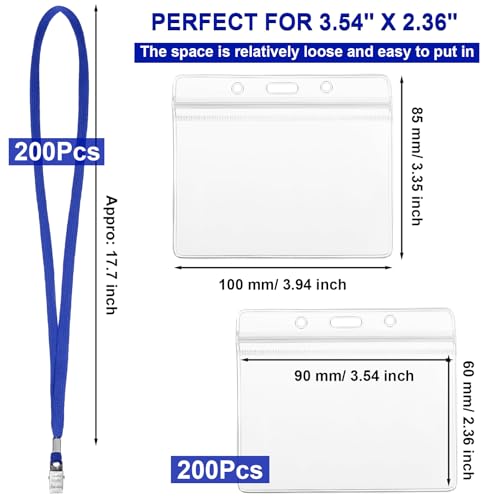 Image of Marspark 200 Sets 4 inchx3 inch Name Badge Holder with Lanyard Bulk, Blue | Waterproof Reusable Plastic with Clip, ID Badges Business School Conference Use, Lanyard Strap for Employees Students Events
