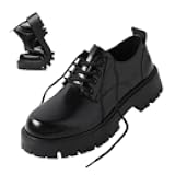 Men's Leather Lace Up Platform Oxfords Round Toe Chunky Heel Lug Sole Heightening Soft Bottom Derby Casual Shoes Classic Work Office Business Dress Shoes