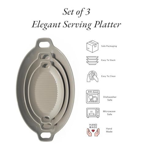 Image of Serving Platter | Melamine Snack Platter | Multi-Purpose Kitchen Serving Platter | Versatile Chip and Dip Tray for Snacks, Starters & Desserts | Lightweight & Dishwasher Safe | Set of 3 (GREY)