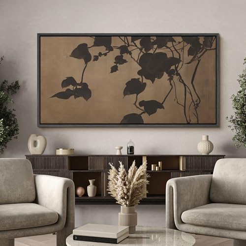 Image of MUDECOR Extra Large Framed Canvas Print Wall Art Minimalist Shadow Leaves Neutral Botanical Silhouette Antique Retro Ready to Hang Painting for Living Room Bedroom Multi-Sizes - 60 inchx30 inch