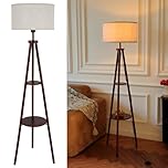 LuminexDesigns Tripod Floor Lamp with Shelf, Vintage Walnut Corner Standing Lamp with Linen Lampshade, Foot Switch, 2-Tier Storage, Tall E27 Light for Living Room, Bedroom and Reading (Bulb Required)