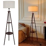 LuminexDesigns Lampadaire Trépied en Bois avec Tablette, Lampe sur Pied Vintage Rustique en Noyer avec Abat jour en Tissu, Interrupteur au Pied, H154cm, E27, Éclairage d’Angle pour Salon, Chambre