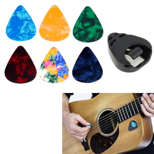 Guitar Pick Set with Holder, 6 Colourful Celluloid Picks, Black Pick Holder Guitar Pick Set with Holder, 6 Colourful Celluloid Picks, Black Pick Holde