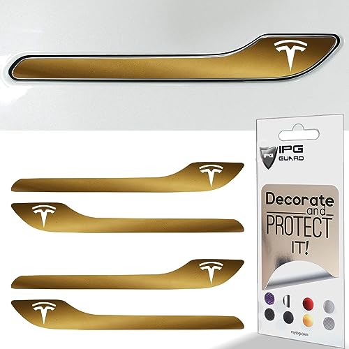 Image of IPG Compatible for Model 3 / Model Y /Juniper Door Handle Decal Sticker Wrap Kit (Set of 4) with Tesla Logo Personalize Your Tesla (Metallic Gold)