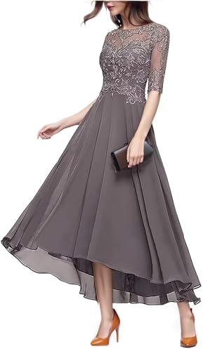 Women's A Line Tea Length Mother of The Bride Dresses with Sleeve Lace Applique Chiffon Formal Evening Gown3