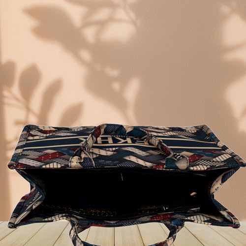 Image of LX LEKHX Designer Tote Bag for Women | Premium Laminated Jute Canvas Handbag with Geometric Print | Stylish Spacious Office, College, Travel & Laptop Bag (Fits 16 Inch)