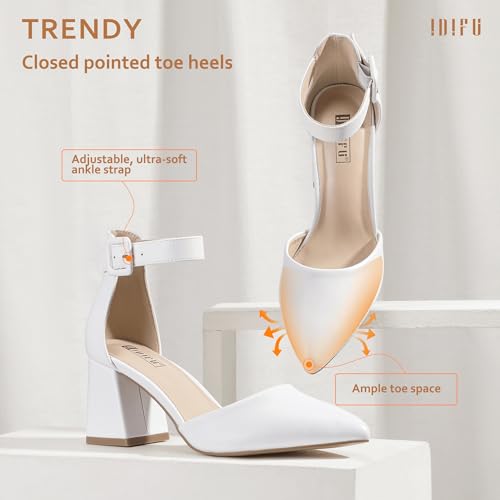Idifu White Heels Closed Toe Women'S Pumps Chunky Block Low Heels Dress Shoes For Women Wedding Prom Bridal Work Office Formal Shoes Comfortable Pointed Toe Small Short Thick Heels thumb #3
