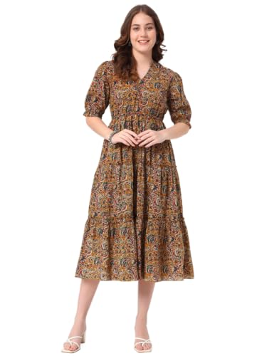 Image of PIDAVLIYA'S Women's Floral Summer Maxi Dress I Cotton Printed I One Piece Bodycon Midi Dress with V-Neck, Puffed Sleeves