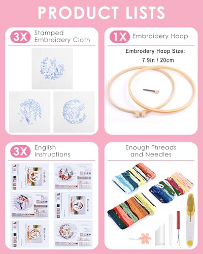 Image of TINDTOP Hummingbird and Flower Embroidery Kit for Adults | Embroidery DIY Starter Kit, with Stamped Patterns, Hoop, Tools, Colorful Threads with Needles, Instructions