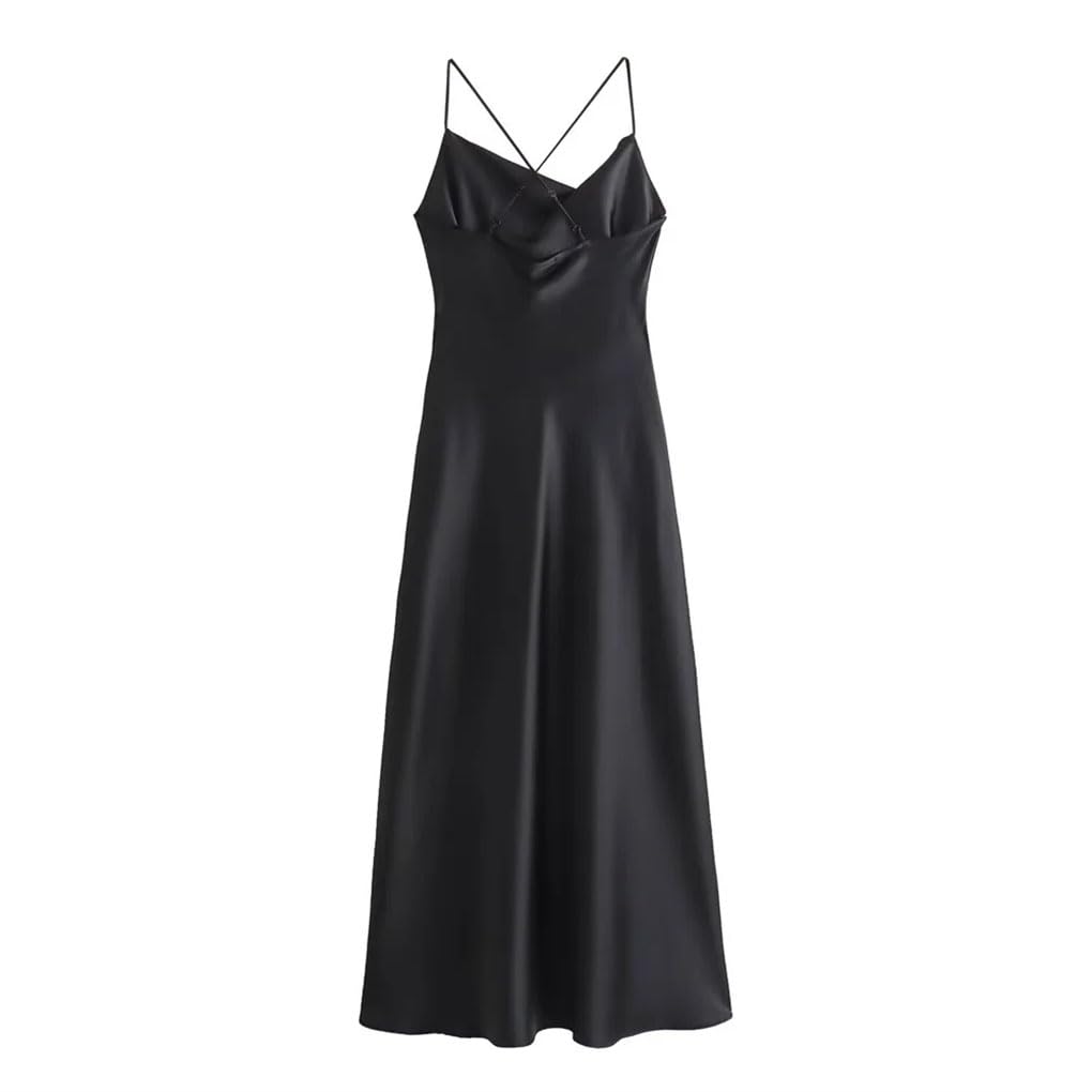 Robe midi en satin à bretelles spaghetti pour femme, couleur unie, longueur cheville, robes décontractées