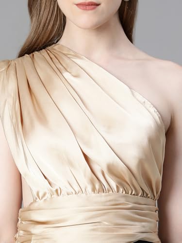 Image of oxolloxo Women Solid Elasticated One-Off Shoulder Satin Crop Top