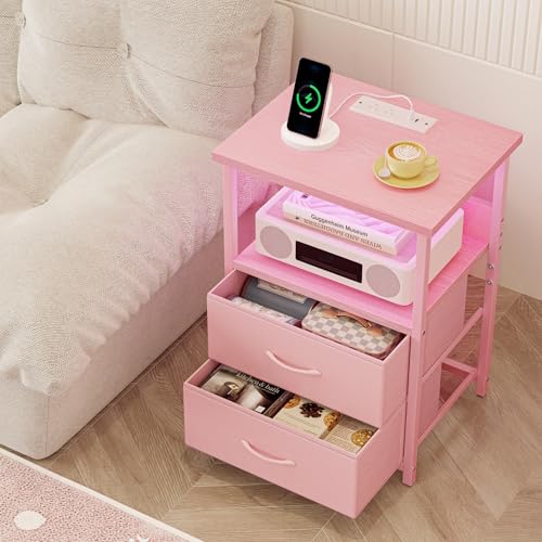 Image of Fixwal Night Stand with Charging Station, LED Nightstand with U-S-B Ports and Outlets, 2 Fabric Storage Drawers with PU Finish, Small Bedside Table, Pink