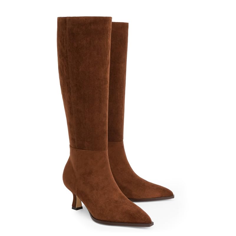 Modatope Knee High Boots Kitten Low Heel Faux Leather Pointed Toe Side Zipper Fall Long Tall Boots for Women2