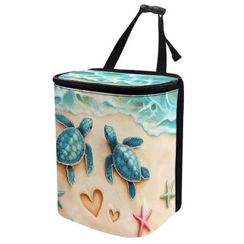 Image of Talayituse Turtle Starfish Heart Beach Print Car Trash Can with Lid, Leak Proof Auto Trash Bag Hanging Vehicle Garbage Can Multipurpose Storage Container for Back Seat Road Trip