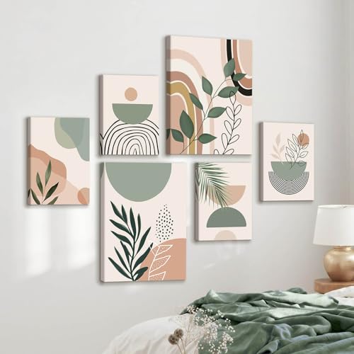 WENGTIAO 6 Pièces Boho Abstraite Géométrique Tableau Decoration Murale Encadré Toile Peinture Vert Sauge Beige Minimaliste Botanique Decoration Murale Salon Maison...