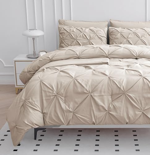 LANE LINEN Twin Comforter Set - 5 Piece - Classic Pintuck Stitch Design Bedding - with 1 Comforter, 1 Pillowcase 1 Shams, 1 Flat & One 14\" Fitted Sheet - Lightweight Bedding for Year-Round Use – Beige