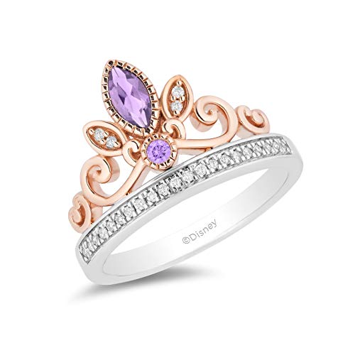 Jewelili Enchanted Disney Fine Jewelry Rapunzel Tiara Ring for Women | 14K Rose Gold over Sterling Silver | Rose-de-France & 1/10 CTTW Natural White Round Diamonds | Size 6