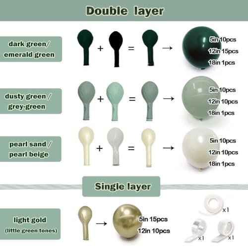 Image of Emerald Green Gold Balloon Arch Kit Double Stuffed Dark Dusty Green Pearl White Sand Latex Balloon Garland for Birthday Baby Shower Wedding Anniversary Graduation Jungle St. Patrick's Day Party