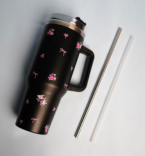 Image of 1200ML Stainless Steel Tumbler Hot and Cold with Handle and Lid and 2 Straws, Double Insulated Cup Leak Proof Mug Cupholder for Gym, Travelling (Black Blossom)