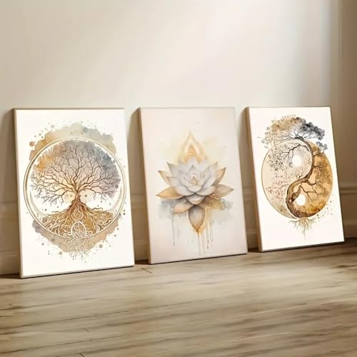 Impression moderne arbre de vie et lotus 50x75 cm | Lot de 3 toiles