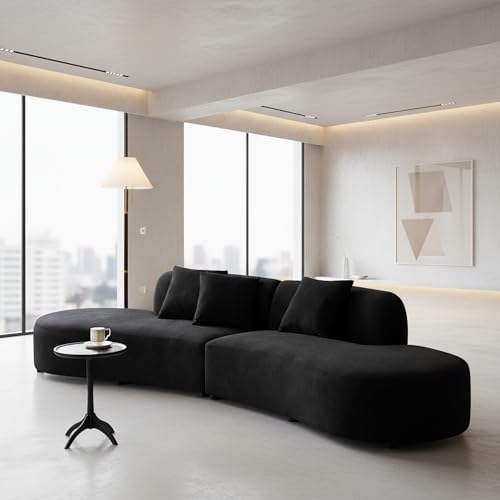 Image of Container Furniture Direct Belmont 132 inch Curved Sofa with Throw Pillows, 6 Seater Luxury Velvet Couch with Half Moon Design and High-Density Foam Ideal for Modern Living Room, Office & Apartment, Black