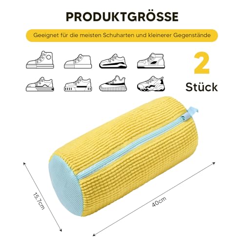 2er Schuhwaschbeutel Waschmaschine, Waschbeutel Schuhe mit Reißverschluss, Wiederverwendbarer Schuhbeutel Wäschenetze für Waschmaschine (Gelb-2 Stück)