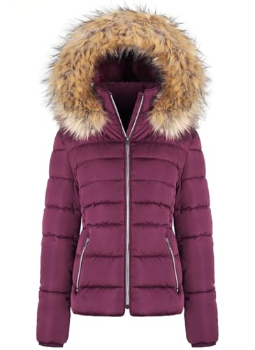 BodiLove Women's Puffer Jacket with Removable Faux Fur Hood and Zipper Burgundy L