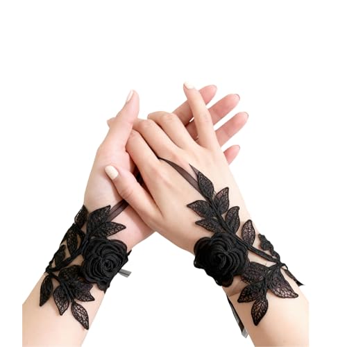 KLINNA Spitzenhandschuhe Schwarz Damen, Elegante Spitze Fingerlose Handschuhe mit Blumenmuster | Ideal für Hochzeit, Halloween, Party & Oper, Vintage...