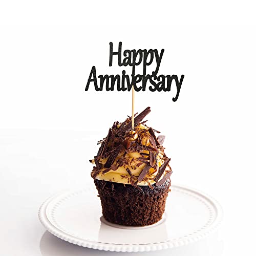 Arthsdite 24Pcs Happy Anniversary Cupcake Toppers Black Glitter Anniversary Cupcake Picks Baby Shower Birthday Wedding Anniversary Party Cake Decorations Supplies #TOP5