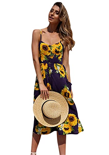 Image of YMING Womens Summer Spaghetti Strap Dresses Button Down Floral Sundress High Waist Swing Midi Dress with Pockets