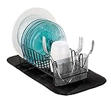 mDesign Compact Modern Metal Dish Drying Rack and Microfiber Mat Set for Kitchen Countertop, Sink - Drain and Dry Wine Glasses, Bowls and Dishes - Removable Cutlery Tray - Set of 2 - Black/Smoke Gray
