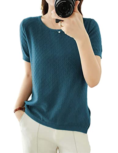 Image of Womens Short Sleeve Sweaters Tops Summer Thin Pullover Cotton Knit Shirt Crew Neck Lightweight Pointelle Blouse