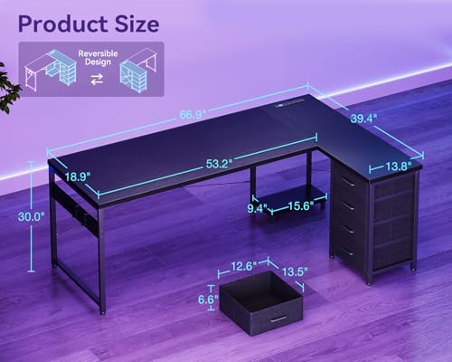 Image of AODK L Shaped Gaming Desk with 4 Drawers, 67 inch Reversible Home Office Desks with Power Outlets, L Shaped Computer Desk with USB Charging Port and Host Stand, Corner Desk, Easy to Assemble, Black