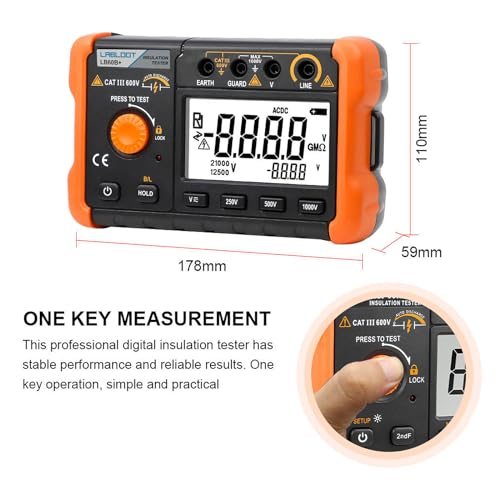 Labloot LB60B+ Digitales DC-Niedrigwiderstandsmessgerät, 250 V, 500 V, 1000 V,digitaler Isolationswiderstandstester für den Innen- und Außenbereich