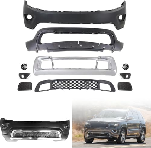 MGWILL Front Bumper Cover Kit Compatible with 2014 2015 2016 Jeep Grand Cherokee Overland Limited Summit 3.6L 5.7L 3.0L W/Upper Grille Lower Grill & Fog Lights