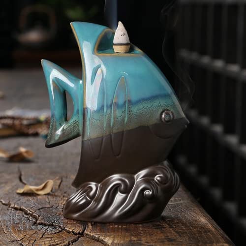 Brûleur d'encens backflow poisson en céramique artisanale émaillée