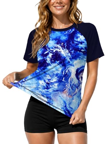 Image of AOBUTE Women Short Sleeve Rash Guard UPF 50+ Tropical Sun Protection Floral Swim Shirts