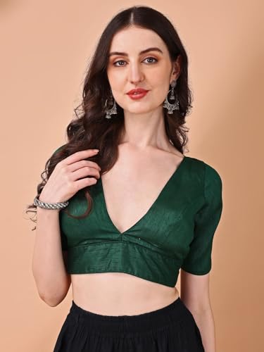 Womanista Silk Women's Dupion Solid Short Sleeve Regular Fit V Neck Blouse (Bl_67_Green Large)